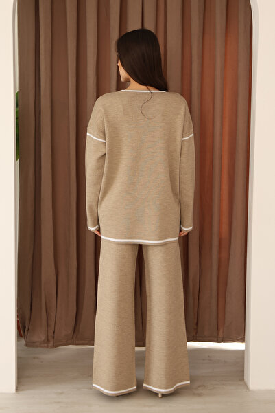 ALCHON Crew Neck Long Low-Sleeve Striped Basic Sweater Slit Waist-Lined Pants Two-Piece Knitwear Set