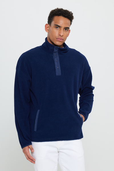 AC&Co / Altınyıldız Classics Navy Blue Loose Fit Stand Collar Jacquard Soft Fleece Sweatshirt