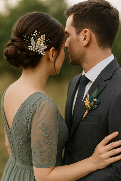 Pretty Buda Moda - Gelin Saç Tarağı & Damat Yaka Çiçeği Seti – El Yapımı Özel...