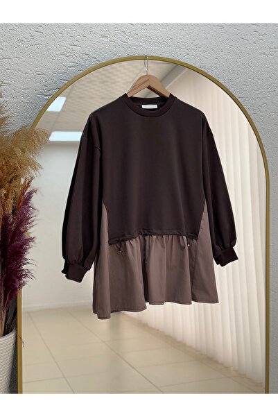 MİHRA STORE Calla Ruched Detail Paneled Sweatshirt-Eu3091 Brown