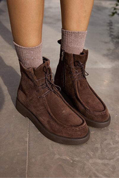 ANGELİNA JONES Fi̇li̇na Women's Brown Real Suede Lace-Up Detail Boots