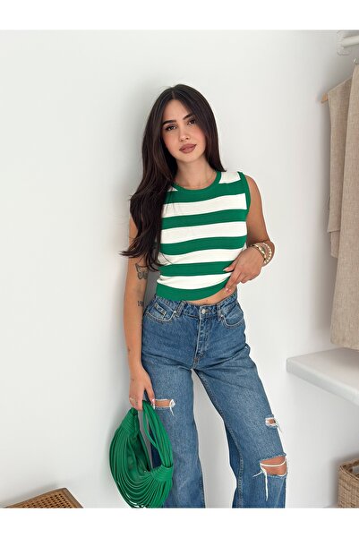 b buhari bykoc Crew Neck Striped Knit Blouse