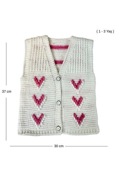 Uretti - Çiğdem 1390 7471 Hand Knitted Heart Patterned Knitted Vest - 1 - 3 Years Old