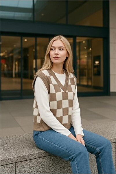 MODA NADO Women's V-Neck Checkered Sweater