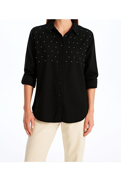ECR MODA CĂMAȘĂ NEAGRĂ DE DAMĂ CU MĂRGELE BRODATE