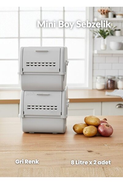 Jet's Home 2'li Mini Boy Patates Soğan Sepeti BPA Free Sebzelik Organizer Kutu Motek Gri 8 L