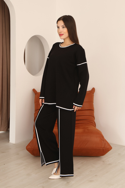 ALCHON Crew Neck Long Low-Sleeve Striped Basic Sweater Slit Waist-Lined Pants Two-Piece Knitwear Set