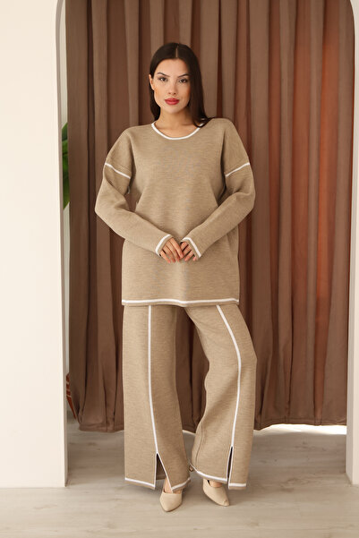 ALCHON Crew Neck Long Low-Sleeve Striped Basic Sweater Slit Waist-Lined Pants Two-Piece Knitwear Set