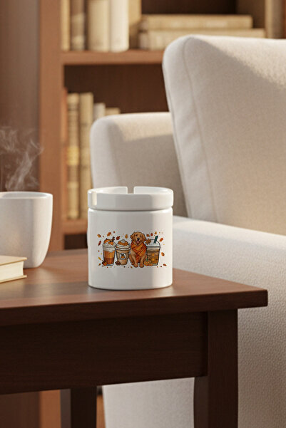 sartre art Sonbahar Temalı Kahveler No:4 Baskılı Seramik Kapaklı Kokusuz Küllük