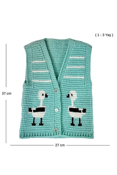 Uretti - Çiğdem 1390 0907 Hand-Knitted Duck Pattern Knit Vest - 1 - 3 Years