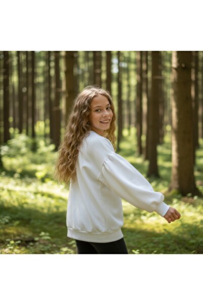 FESSHERA KİDS Girls' Sweatshirt Balloon Sleeve Printed Oversized Cotton Sweatshirt / Wide Fit Long Sleeve T-Shirt