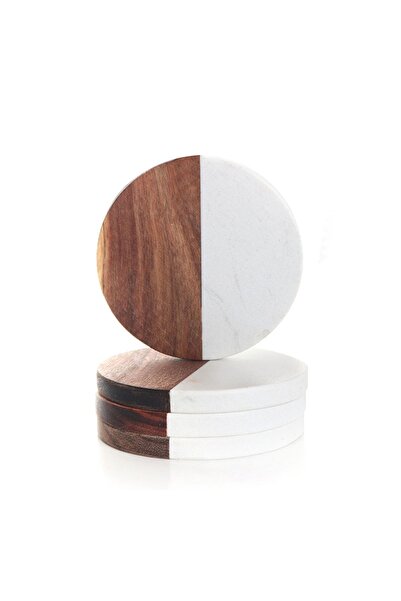 SanDonna Set of 4 round white glass coasters, made of marble and wood,