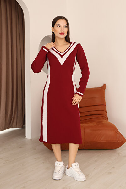 ALCHON Round V-Neck Long Sleeve Jacquard Paneled Striped Stripe Midi Length Below Knee Winter Knitwear Dress