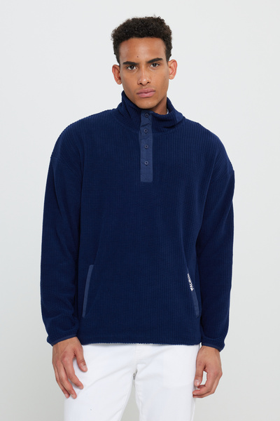 AC&Co / Altınyıldız Classics Navy Blue Loose Fit Stand Collar Jacquard Soft Fleece Sweatshirt