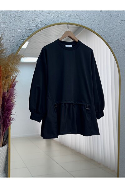 MİHRA STORE Calla Ruched Detail Paneled Sweatshirt-Eu3091 Black