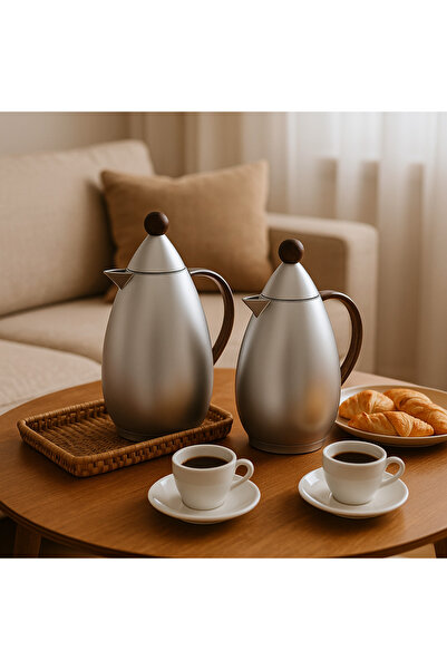 LALOZA ✨ Luxury 2-piece thermos set – matte silver with a wood finish | For tea and coffee (1 liter each) ✨