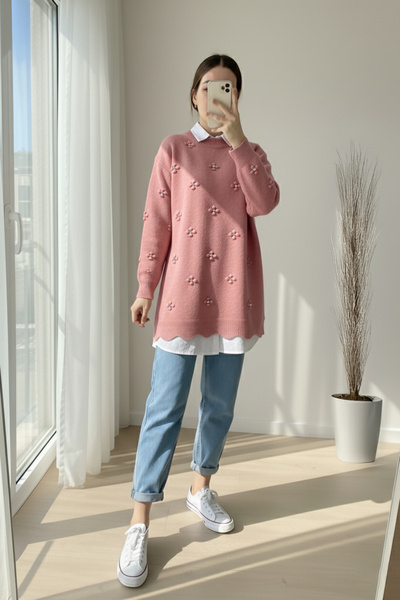 MODAQU Πουλόβερ με πέτρινη λεπτομέρεια - Ροζ πούδρα