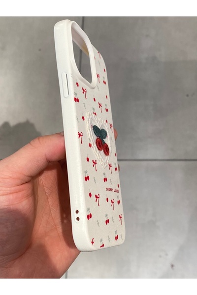 Mee.co iPhone 13 Pro Max Compatible Embroidered Cherry Pattern Case Cherry Figured Knitted Phone Case