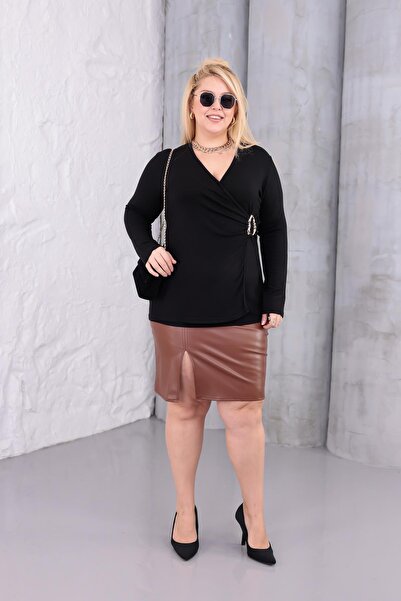 Siyezen Plus Size Double-Breasted Collar Buckle Detailed Blouse