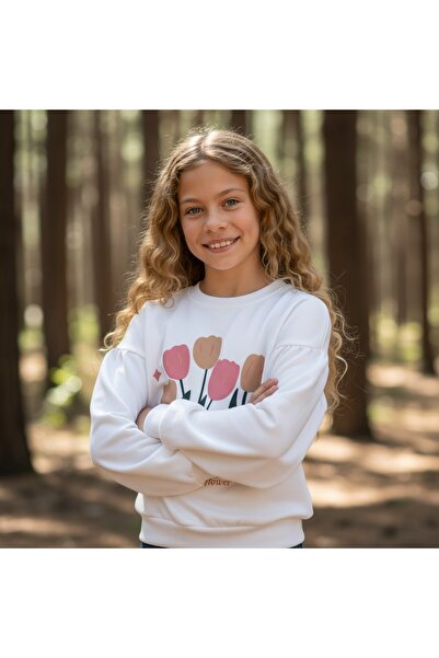 FESSHERA KİDS Girls' Sweatshirt Balloon Sleeve Printed Oversized Cotton Sweatshirt / Wide Fit Long Sleeve T-Shirt