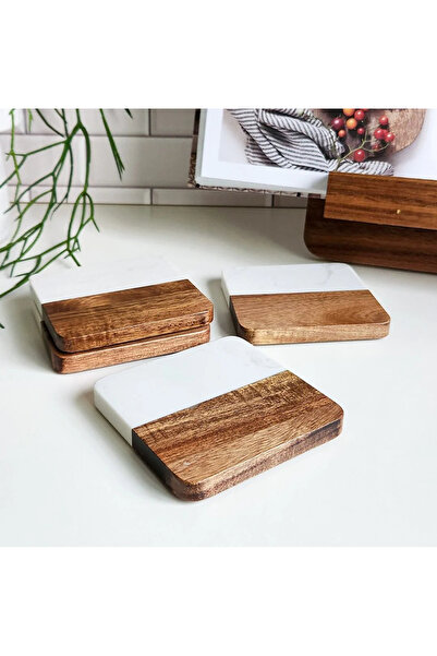 SanDonna Set of 4 square white glass coasters, made of marble and wood,