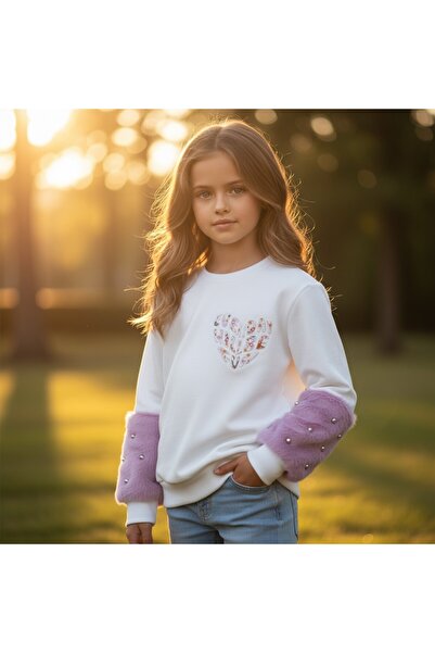 FESSHERA KİDS Φούτερ για κορίτσια Λευκό χαριτωμένο βαμβακερό φούτερ με λεπτομέρεια από πέρλες και βελούδινα μανίκια με τύπωμα