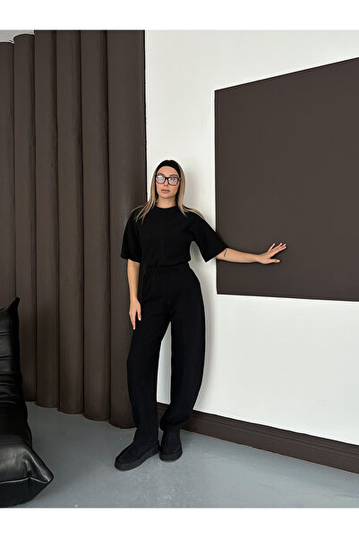 LE CARAMBOLE Women's Black Crew Neck Short Sleeve Crop Blouse Pants Two Piece Set