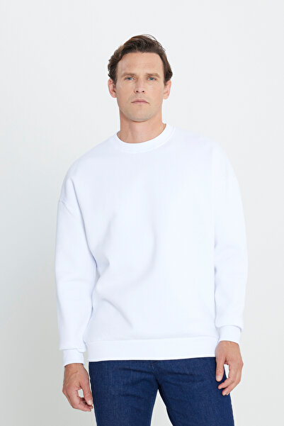 AC&Co / Altınyıldız Classics White Oversized Fit Loose Fit Cotton Fleece Lined 3 Thread Crew Neck Sweatshirt
