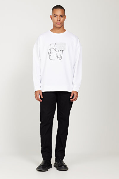 AC&Co / Altınyıldız Classics White Oversized Loose Fit Crew Neck Printed Comfortable Sweatshirt