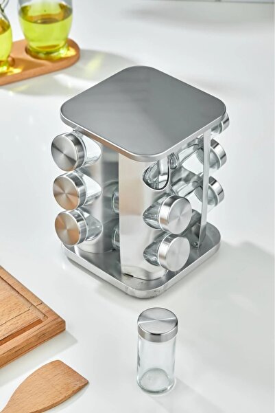 MAKRİ HOME 360 Rotatable Glass Spice Set with Stainless Steel Stand - 12-Piece Chrome Square