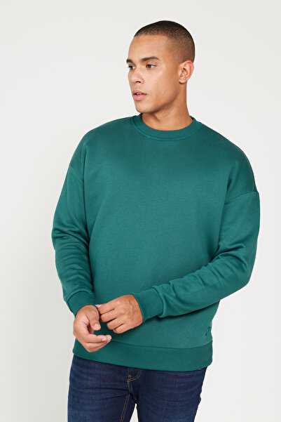 AC&Co / Altınyıldız Classics Dark Green Oversized Fit Loose Fit Cotton Fleece Lined 3 Thread Crew Neck Sweatshirt