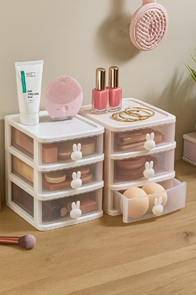 Lilya Home Bunny 3 Çekmeceli Makyaj Organizeri - Bölmeli Fırça Kozmetik Makyaj Düzenleyici Organizer