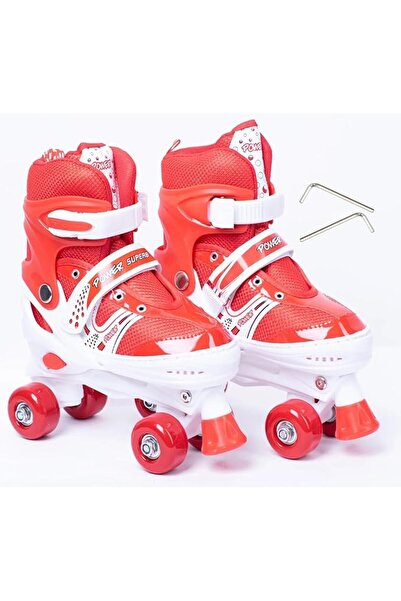 My modern game Power Superb medium-sized adjustable skate shoes (sizes 35-38) with 4 wheels and brakes, red, blue, and pink.