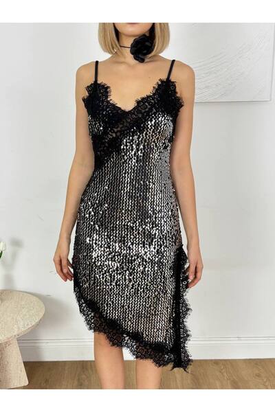 Lady Pixie Λαμπερό μίνι φόρεμα με δαντέλα και λεπτομέρεια σχισμής