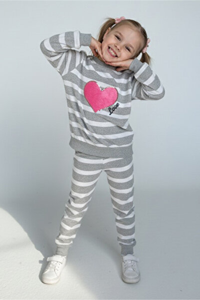 TOFİSA Girl's Gray Striped Embroidered Two-Thread Two-Piece Set - 28010-Gri
