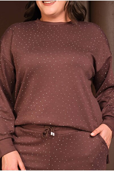 Şans Women's Plus Size Brown, Crew Neck, Stone Embroidered, Pocketed Tracksuit Set 65N39248