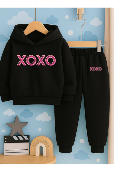 SVART WEAR Children Printed with Print Hoodie Hooded Sweatshirt and Sweatpants Set 3 Thread Ş Fleece-Lined Autumn/Winter