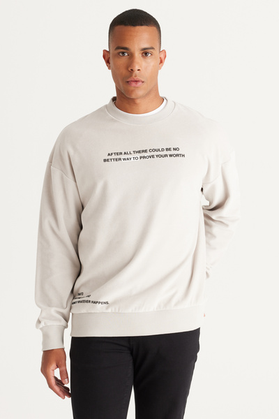 AC&Co / Altınyıldız Classics Light Gray Loose Fit Fleece Lined 3 Thread Crew Neck Long Sleeve Sweatshirt