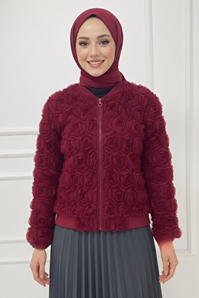 TOFİSA Rose Tulle Coat Burgundy - 28026-Bordo