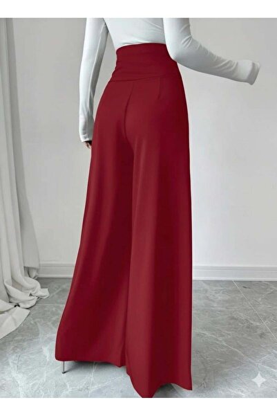 babatr.com Women's High Waist Buttoned Wide Leg Imported Crepe Trousers