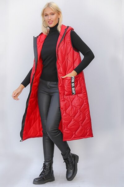 della moor Women's Red Italian Quilted Hooded Oversize Puffer Long Vest