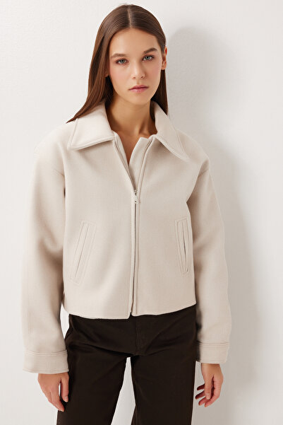 Lovelyİstanbul Polo Collar Zippered Cashmere Jacket Loh0015 Stone