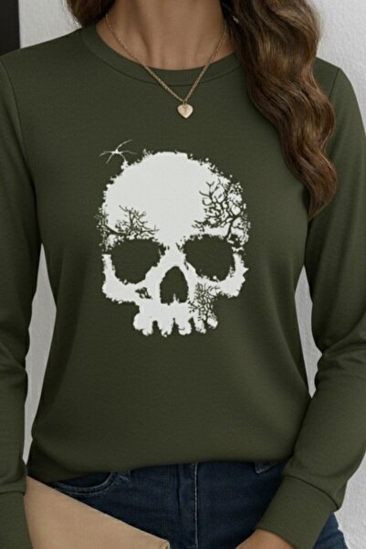 JANES Women's Long Sleeve Crew Neck Skull Print Viscose Blouse