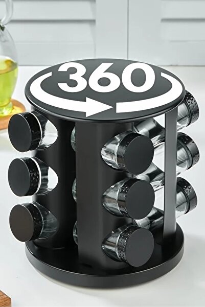 MAKRİ HOME 360 Rotatable Glass Spice Set with Stainless Stand - 12-Piece Round Black