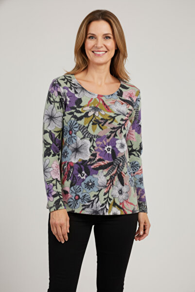 YXL COLLECTION بلوزة نسائية مقاس كبير قماش قابل للتمدد برقبة دائرية ونقشة زهور ناعمة للأمهات