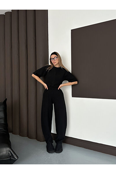 LE CARAMBOLE Women's Black Crew Neck Short Sleeve Crop Blouse Pants Two Piece Set