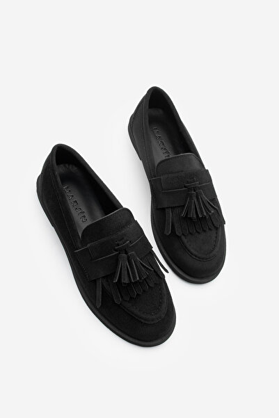 Marjin Women's Loafer Tasseled Casual Shoes Petlin Black Suede