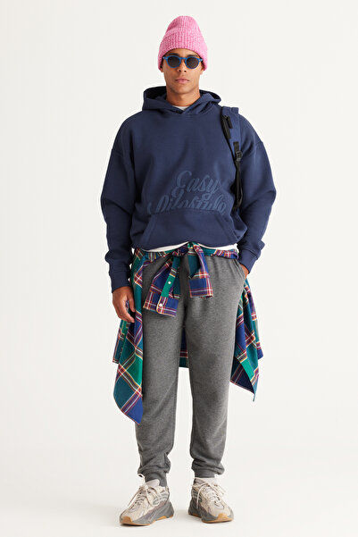 AC&Co / Altınyıldız Classics Індіго Oversize Fit Широкий крій Капюшон з флісовою підкладкою 3-нитковий принт Світшот