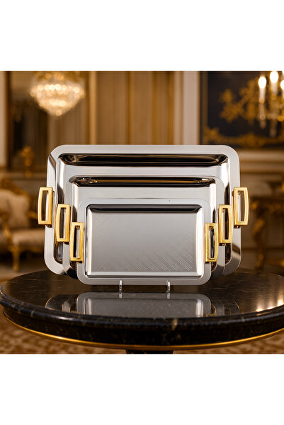 ALSAIF ✨ Al Saif Luxury Tray Set – 3 Sizes, Stainless Steel with Gold Handles ✨