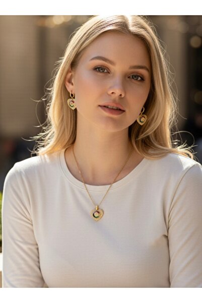 NEW STYLE An elegant accessory set consisting of a necklace and earrings made of stainless steel with colored zircon stones, presented in a suitable gift box.